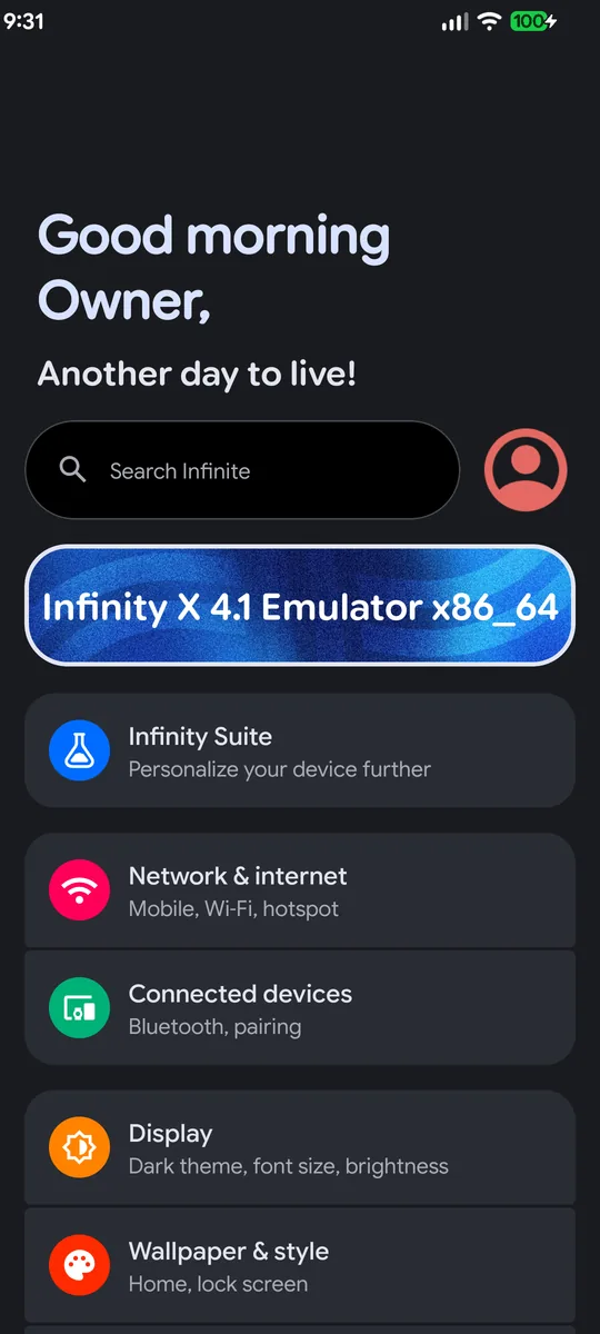 Settings home with the Infinity X header